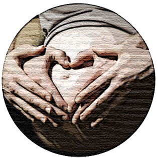 Couples hands embracing pregnant belly.